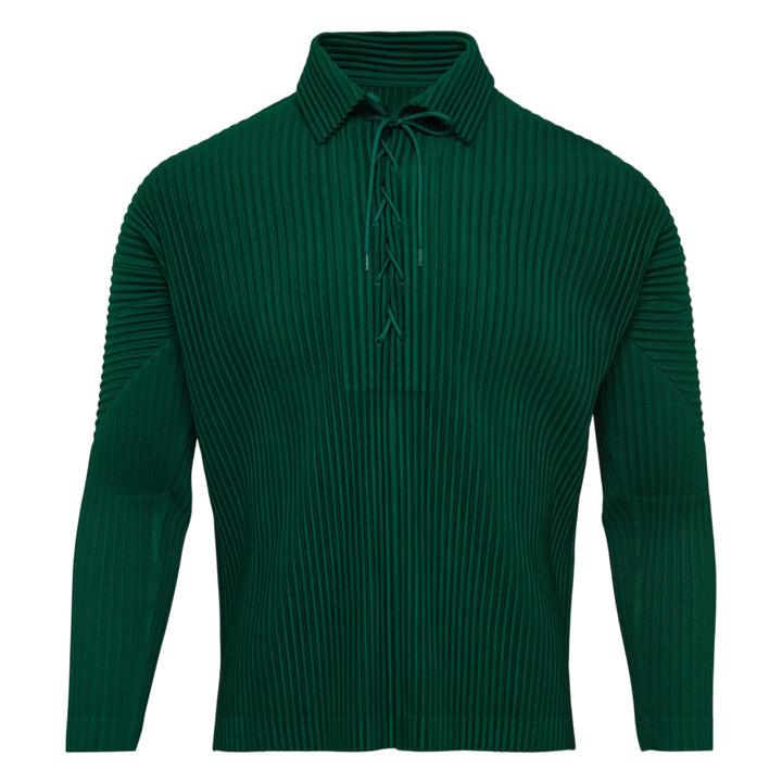 Homme Plissé Issey Miyake Monthly Colors May Pleated Top in lime green with all-over horizontal pleating and lace-up spread collar