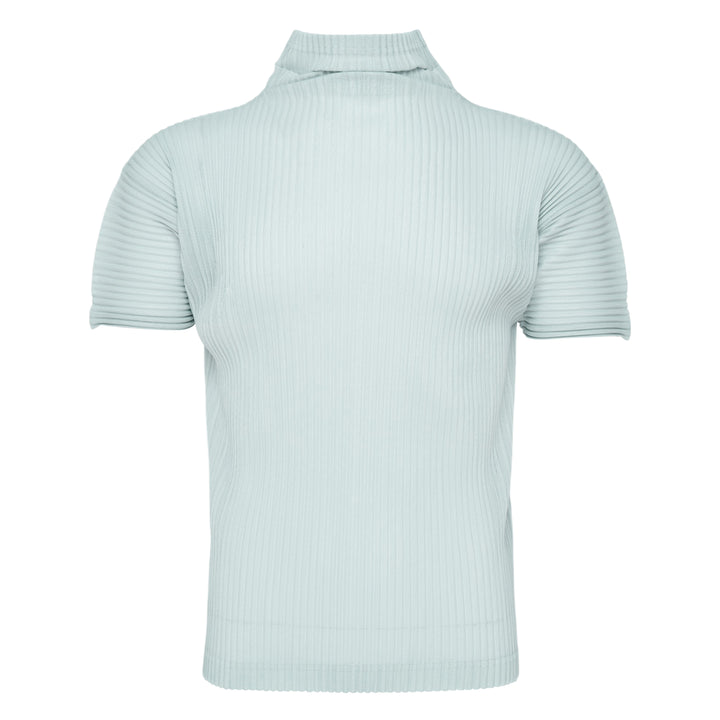 Homme Plissé Issey Miyake Agave Mesh pleated polo top in black, rear view, showing vertical micro-pleat mesh texture, spread collar, and short sleeves