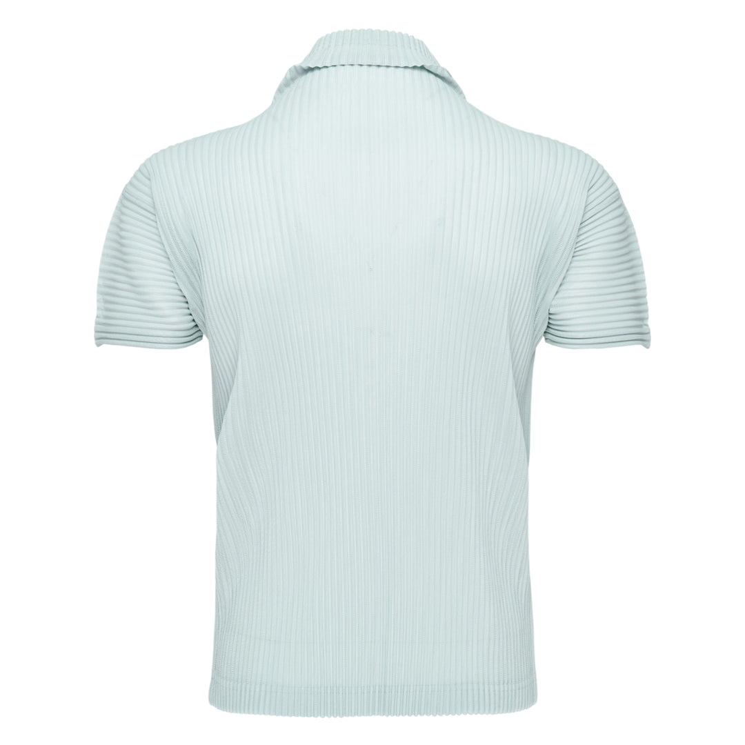 Homme Plissé Issey Miyake Agave Mesh pleated polo top in black, rear view, showing vertical micro-pleat mesh texture, spread collar, and short sleeves