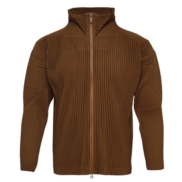 Homme Plissé Issey Miyake Color Pleats Pleated Cardigan in tan brown with full-length zipper and hooded collar, displayed on a white background