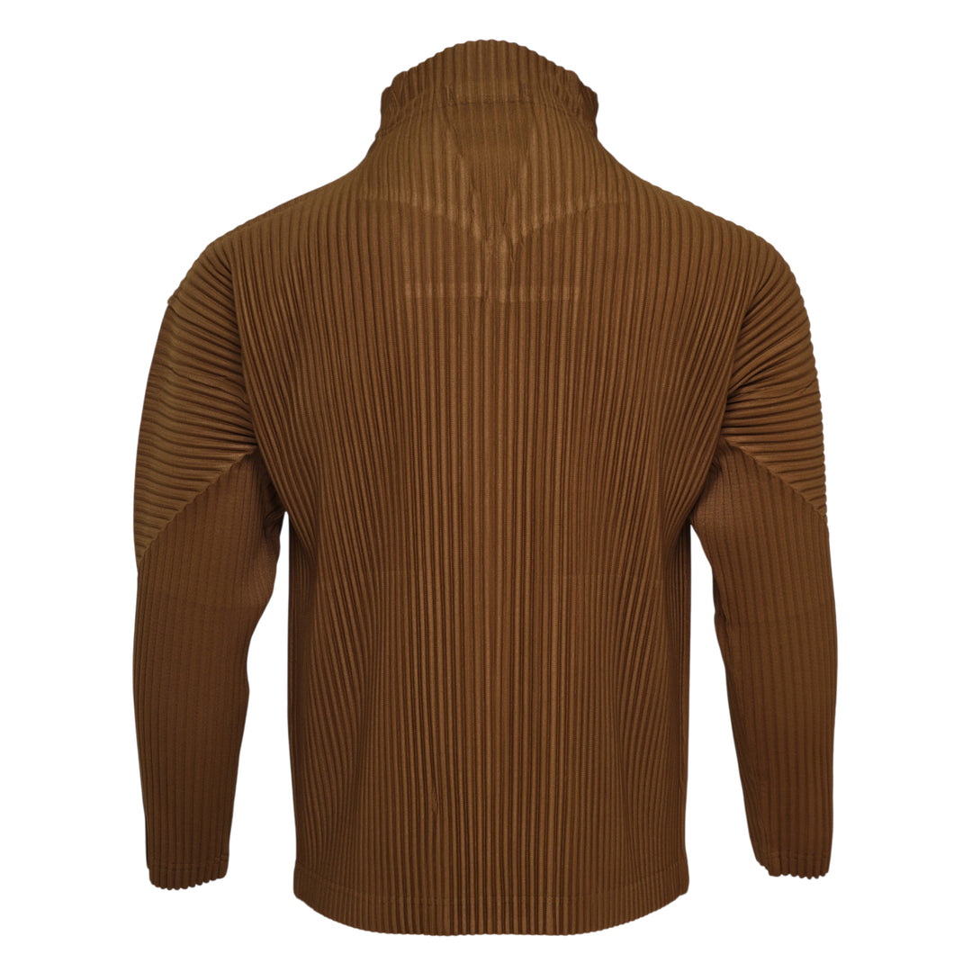 Homme Plissé Issey Miyake Color Pleats Pleated Cardigan in tan brown with full-length zipper and hooded collar, displayed on a white background