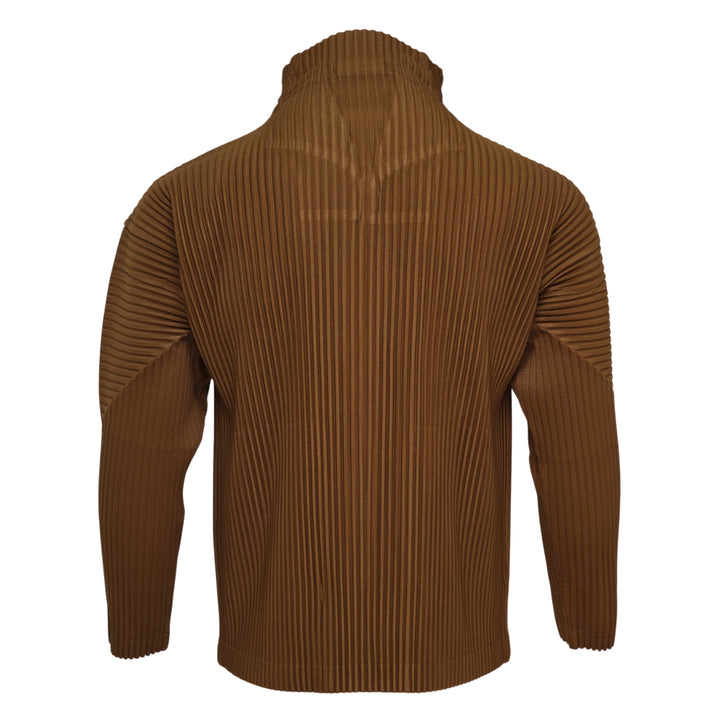 Homme Plissé Issey Miyake Color Pleats Pleated Cardigan in tan brown with full-length zipper and hooded collar, displayed on a white background