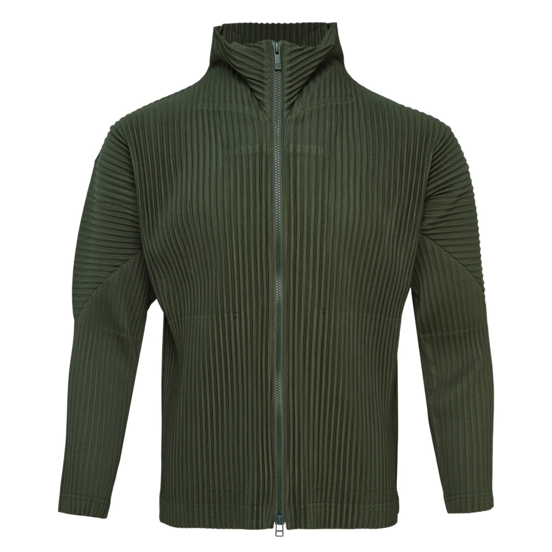 Homme Plissé Issey Miyake Color Pleats Pleated Cardigan in tan brown with full-length zipper and hooded collar, displayed on a white background