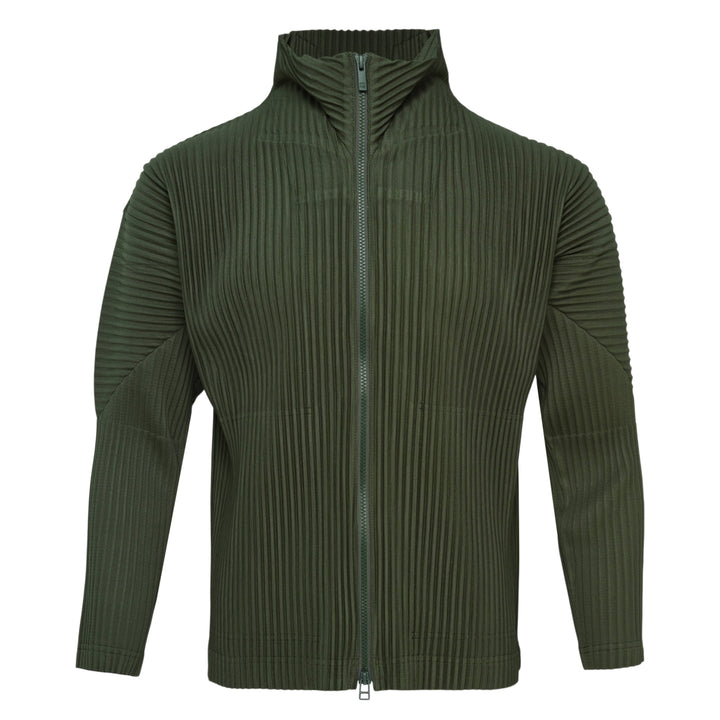 Homme Plissé Issey Miyake Color Pleats Pleated Cardigan in tan brown with full-length zipper and hooded collar, displayed on a white background