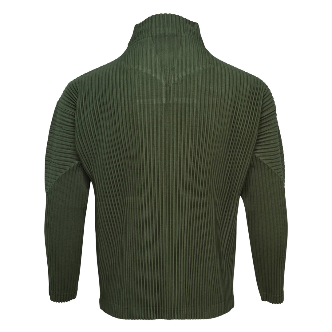 Homme Plissé Issey Miyake Color Pleats Pleated Cardigan in tan brown with full-length zipper and hooded collar, displayed on a white background