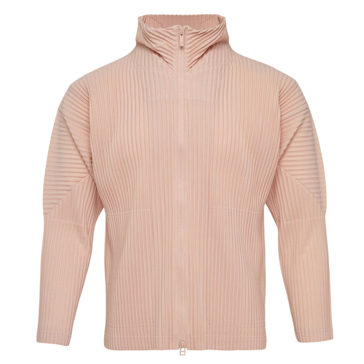 Homme Plissé Issey Miyake Color Pleats Pleated Cardigan in tan brown with full-length zipper and hooded collar, displayed on a white background