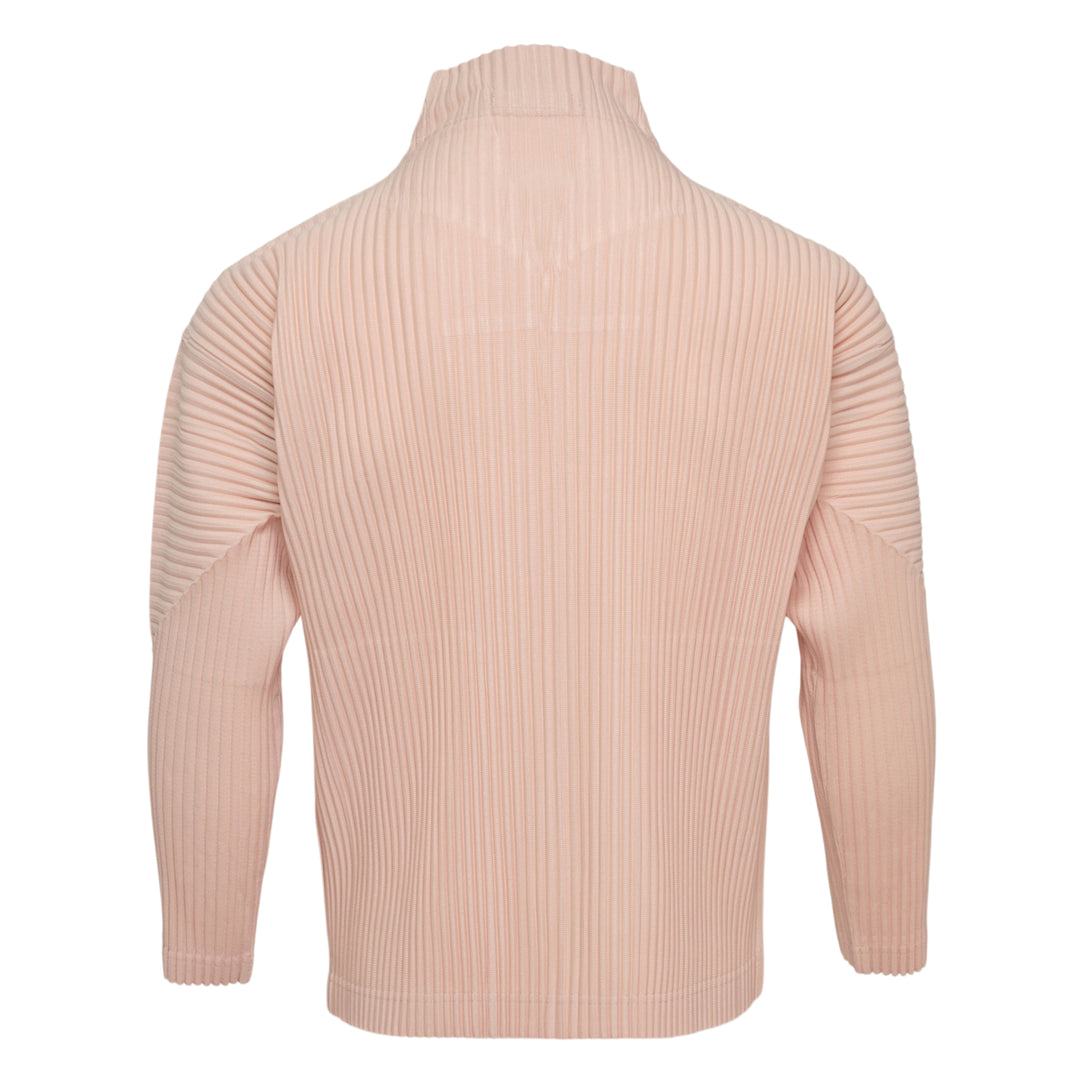 Homme Plissé Issey Miyake Color Pleats Pleated Cardigan in tan brown with full-length zipper and hooded collar, displayed on a white background