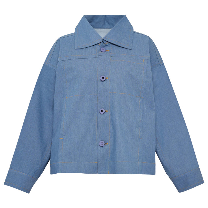 me Issey Miyake Flat Denim Jacket in light blue with purple buttons and contrast gold topstitching, flat lay front view