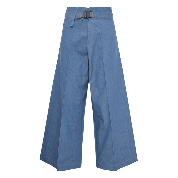 me Issey Miyake wide leg belted denim pants in medium blue with buckle closure and front pleats, flat lay view