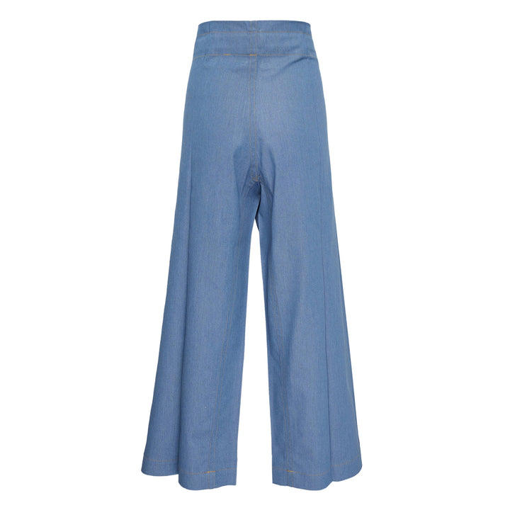 me Issey Miyake wide leg belted denim pants in medium blue with buckle closure and front pleats, flat lay view