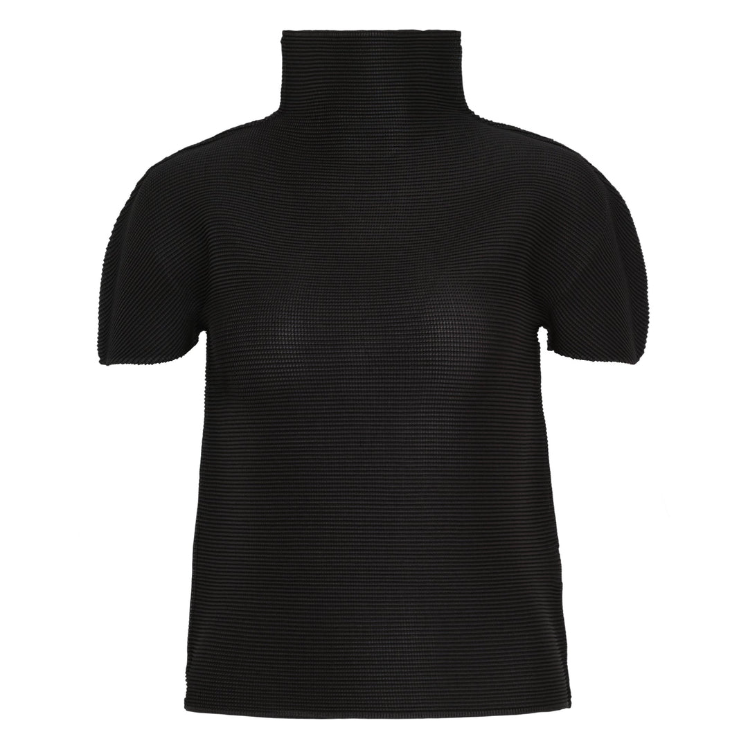 me Issey Miyake Stretch Pleats High Neck Top in black with short sleeves and structured turtleneck collar, flat lay on white background