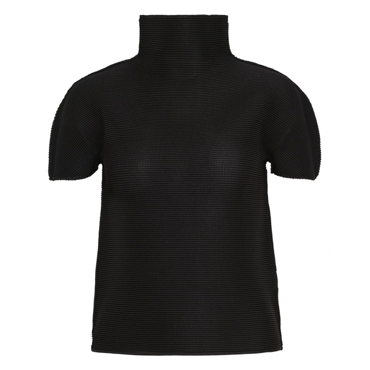 me Issey Miyake Stretch Pleats High Neck Top in black with short sleeves and structured turtleneck collar, flat lay on white background