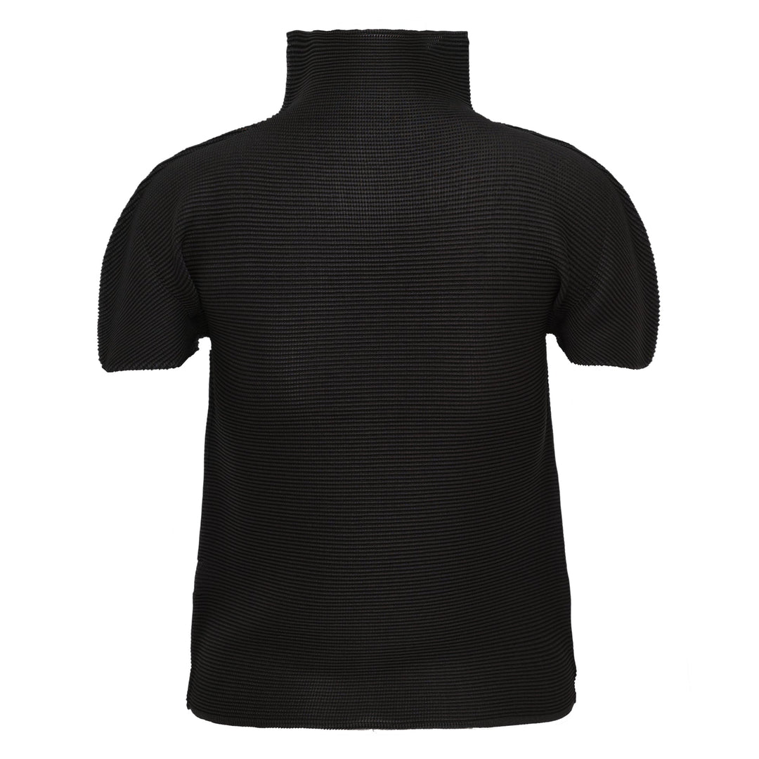 me Issey Miyake Stretch Pleats High Neck Top in black with short sleeves and structured turtleneck collar, flat lay on white background
