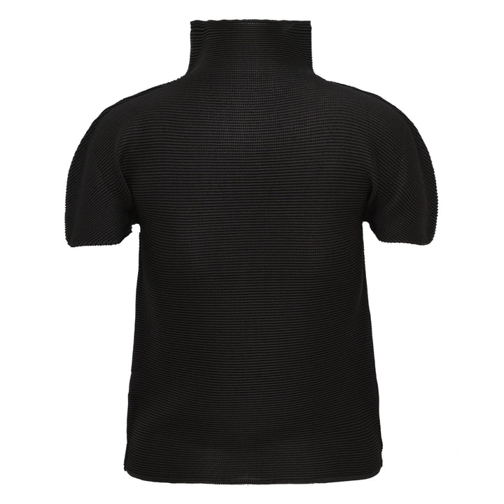 me Issey Miyake Stretch Pleats High Neck Top in black with short sleeves and structured turtleneck collar, flat lay on white background