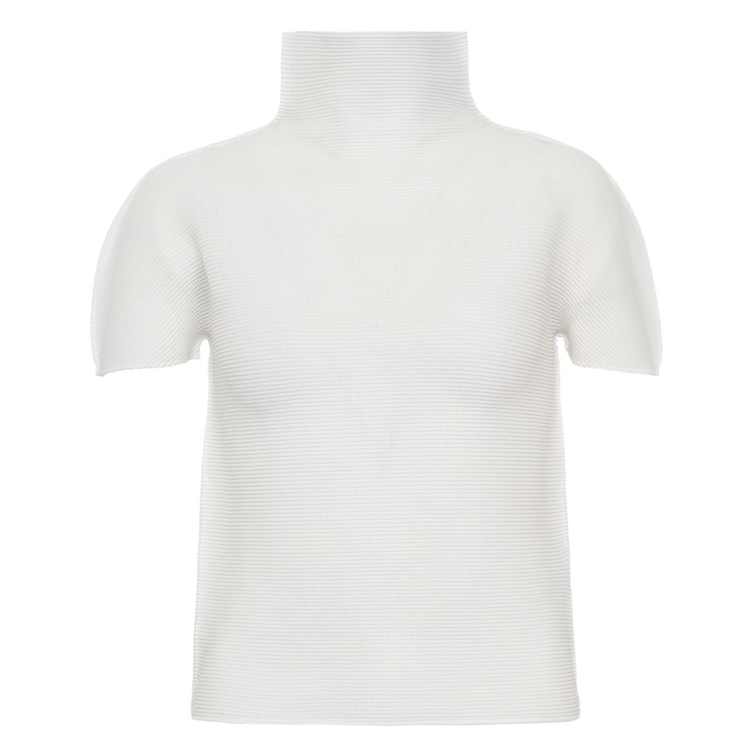 me Issey Miyake Stretch Pleats High Neck Top in black with short sleeves and structured turtleneck collar, flat lay on white background