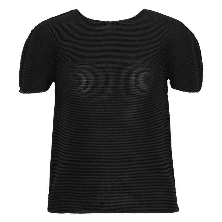 me Issey Miyake Stretch Pleats Round Neck Top in black, featuring all-over micro-pleating and short sleeves on a white background