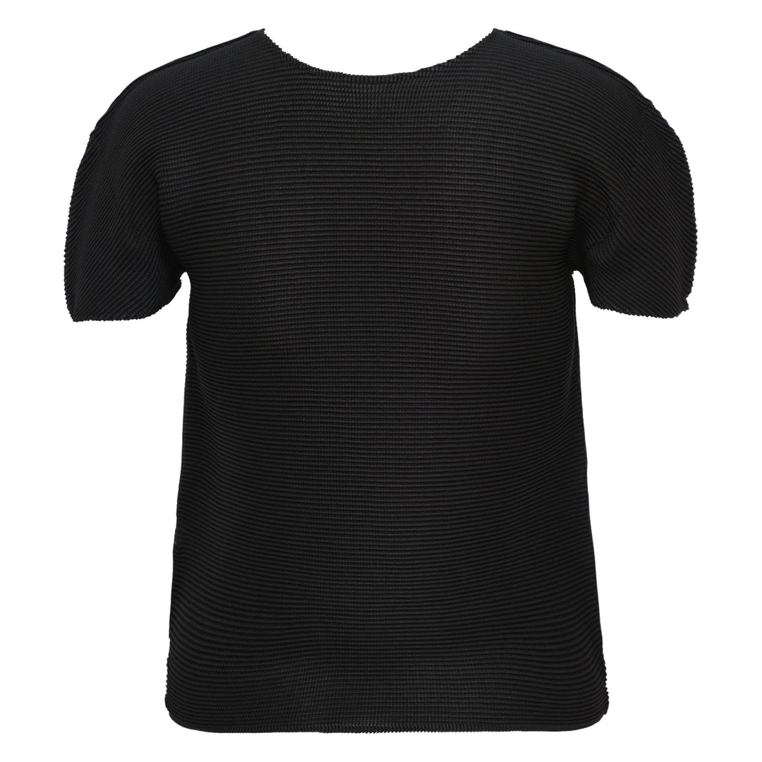 me Issey Miyake Stretch Pleats Round Neck Top in black, featuring all-over micro-pleating and short sleeves on a white background