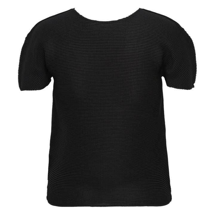 me Issey Miyake Stretch Pleats Round Neck Top in black, featuring all-over micro-pleating and short sleeves on a white background