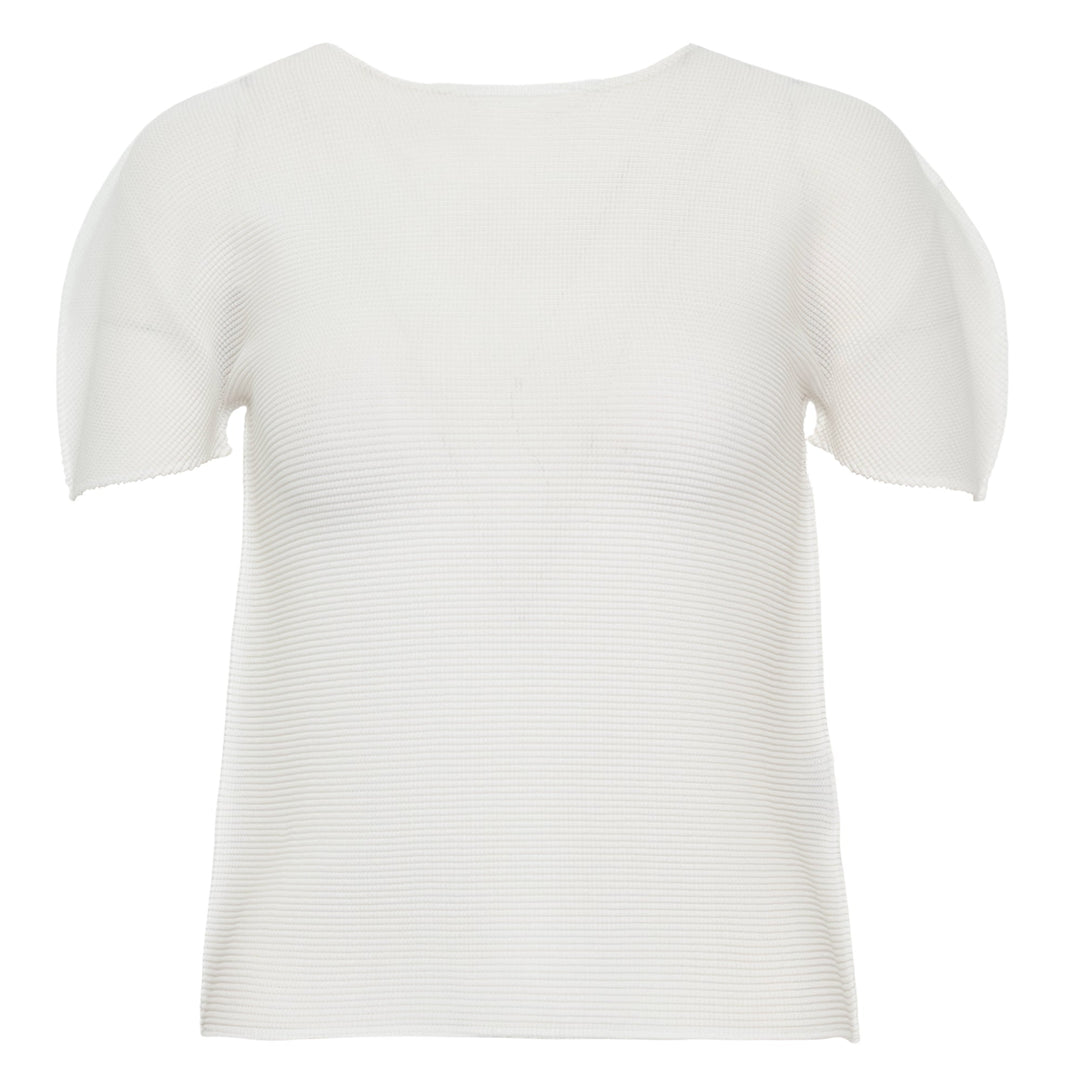 me Issey Miyake Stretch Pleats Round Neck Top in black, featuring all-over micro-pleating and short sleeves on a white background