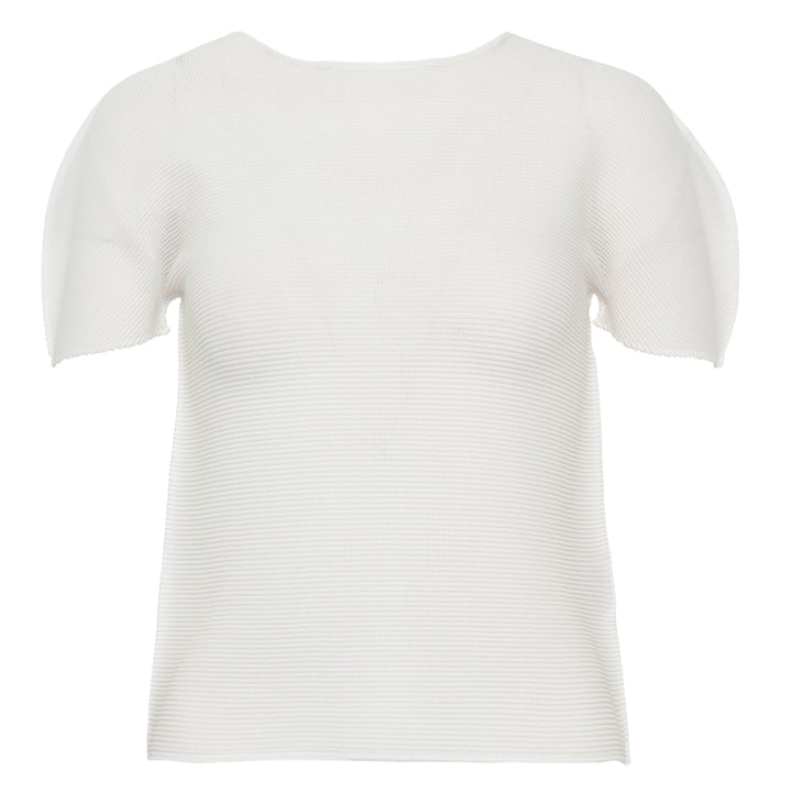 me Issey Miyake Stretch Pleats Round Neck Top in black, featuring all-over micro-pleating and short sleeves on a white background