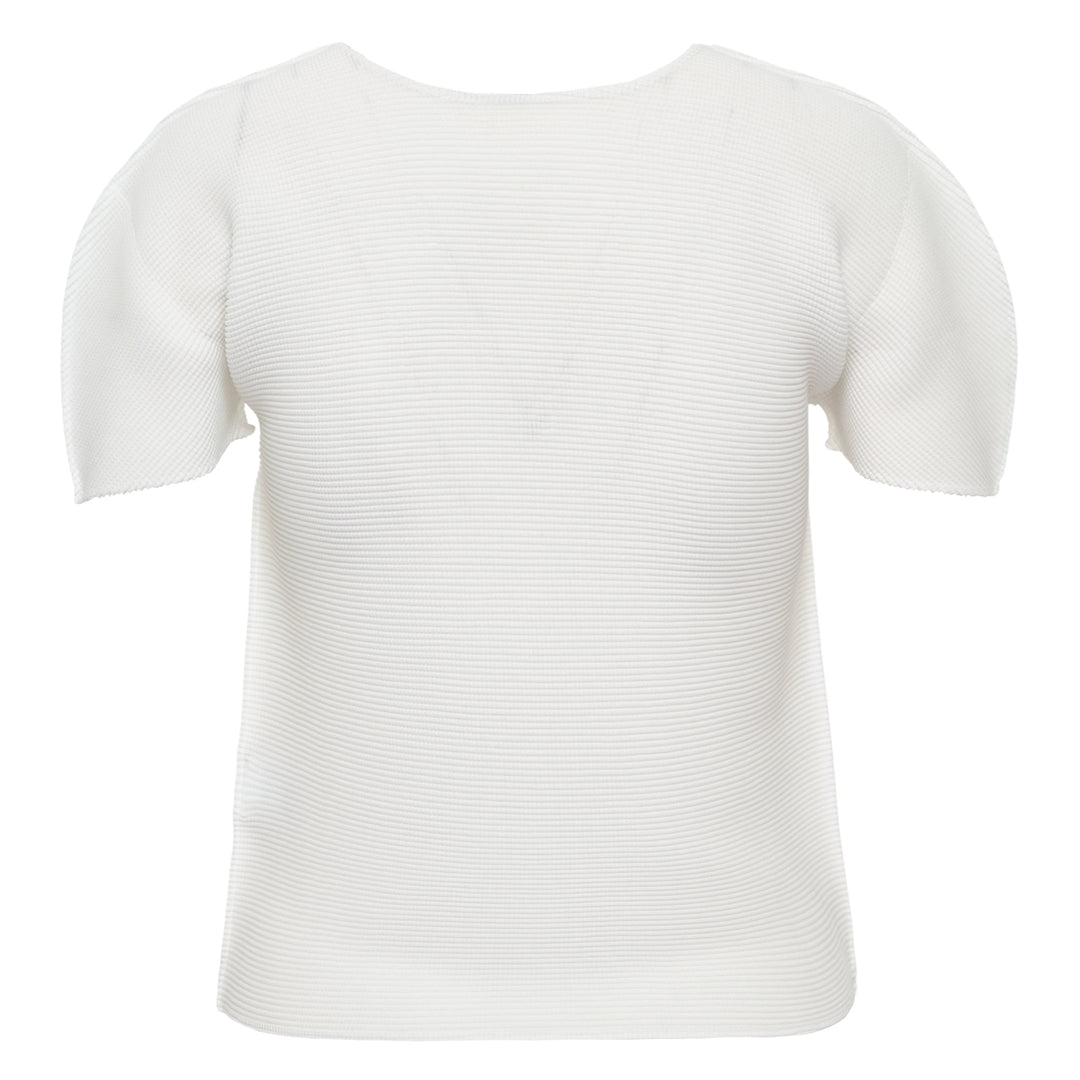 me Issey Miyake Stretch Pleats Round Neck Top in black, featuring all-over micro-pleating and short sleeves on a white background