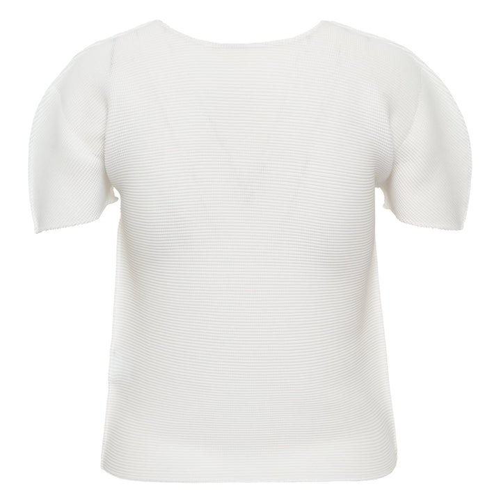 me Issey Miyake Stretch Pleats Round Neck Top in black, featuring all-over micro-pleating and short sleeves on a white background