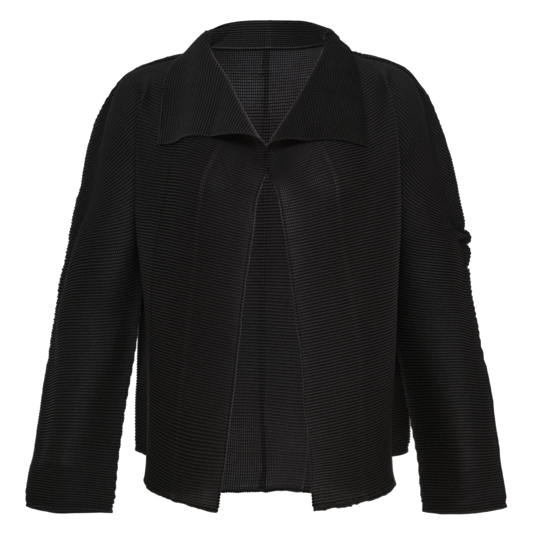 me Issey Miyake Stretch Pleats Basic Cardigan in black, open-front with spread collar and long sleeves, displayed flat on white background