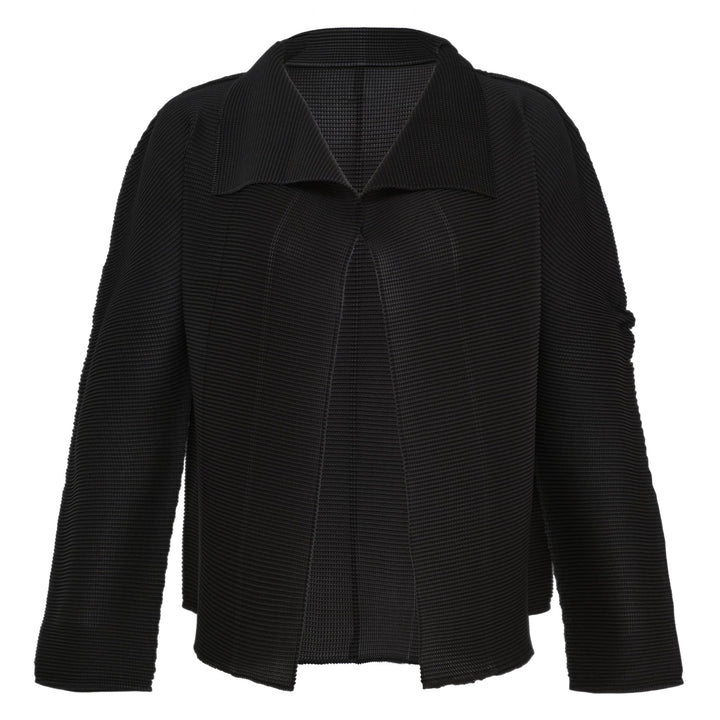 me Issey Miyake Stretch Pleats Basic Cardigan in black, open-front with spread collar and long sleeves, displayed flat on white background