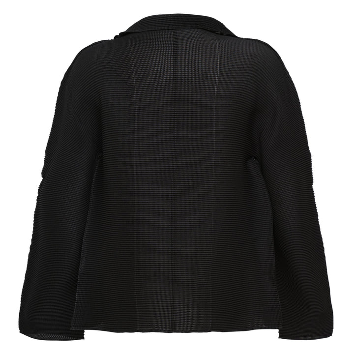 me Issey Miyake Stretch Pleats Basic Cardigan in black, open-front with spread collar and long sleeves, displayed flat on white background