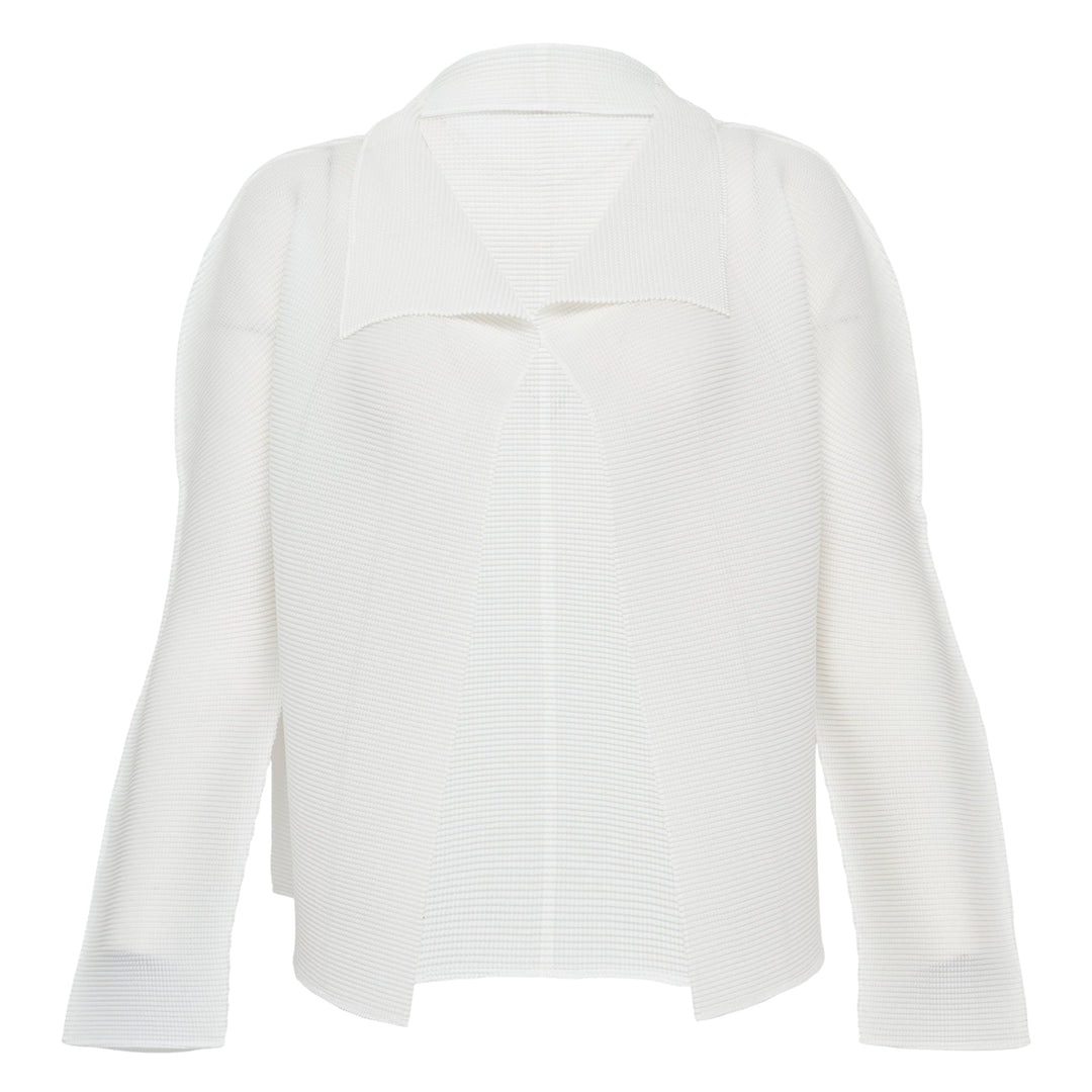 me Issey Miyake Stretch Pleats Basic Cardigan in black, open-front with spread collar and long sleeves, displayed flat on white background