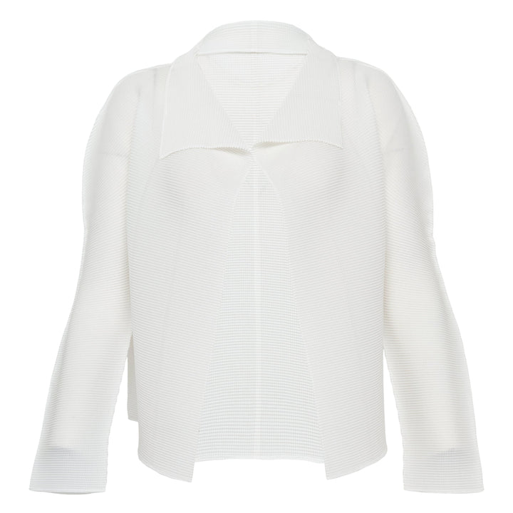 me Issey Miyake Stretch Pleats Basic Cardigan in black, open-front with spread collar and long sleeves, displayed flat on white background
