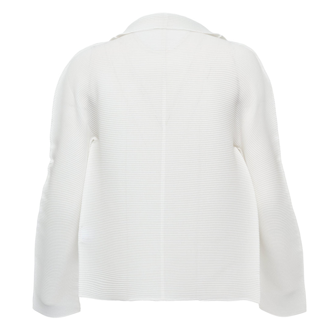me Issey Miyake Stretch Pleats Basic Cardigan in black, open-front with spread collar and long sleeves, displayed flat on white background