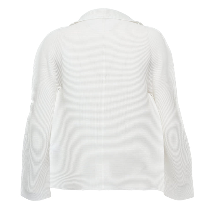 me Issey Miyake Stretch Pleats Basic Cardigan in black, open-front with spread collar and long sleeves, displayed flat on white background