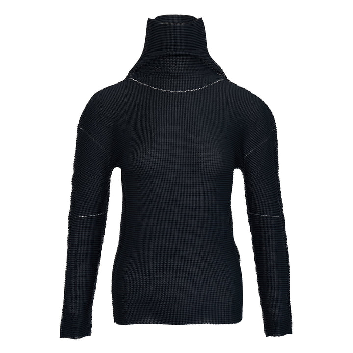 Knit Stretch Pleats Long Sleeve High Neck Top