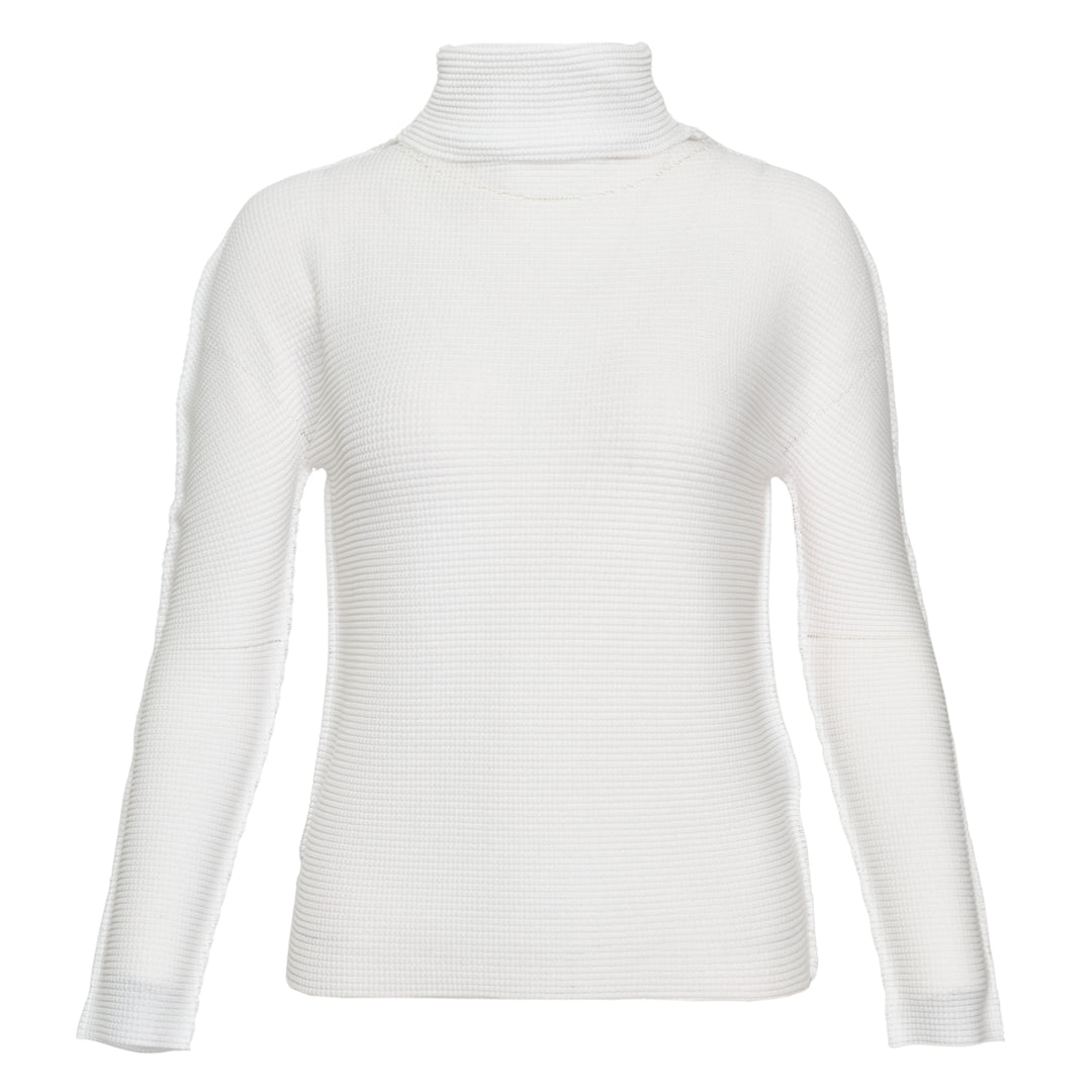 me Issey Miyake black waffle-knit stretch pleated long-sleeve turtleneck top with oversized collar and slim fit, front view