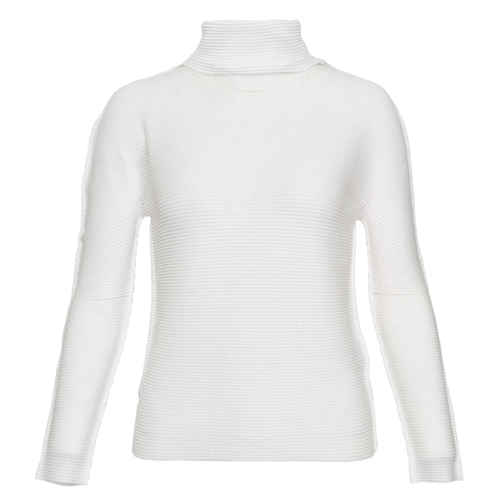me Issey Miyake black waffle-knit stretch pleated long-sleeve turtleneck top with oversized collar and slim fit, front view
