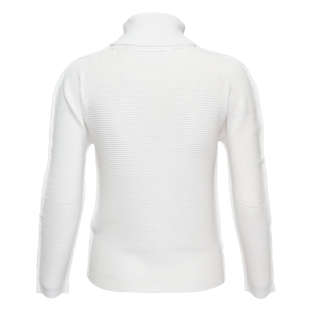 me Issey Miyake black waffle-knit stretch pleated long-sleeve turtleneck top with oversized collar and slim fit, front view
