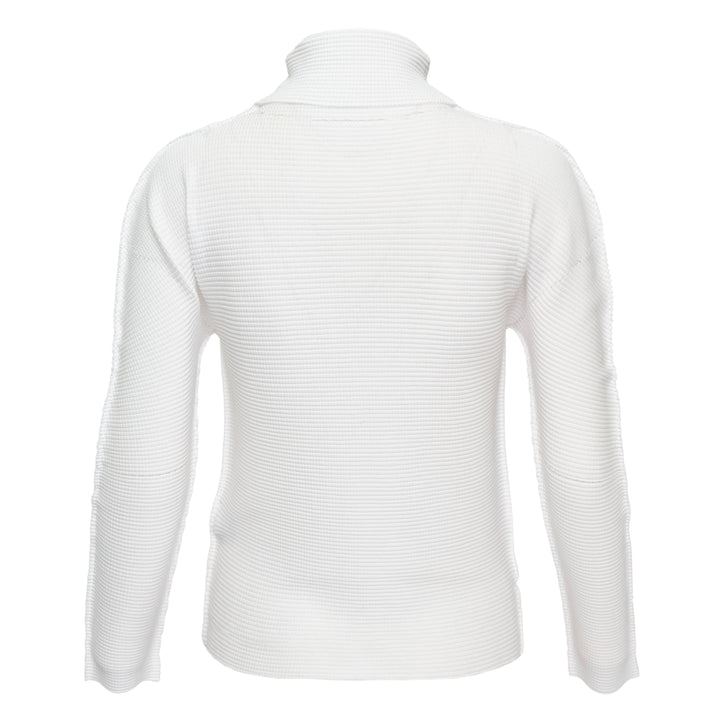 me Issey Miyake black waffle-knit stretch pleated long-sleeve turtleneck top with oversized collar and slim fit, front view