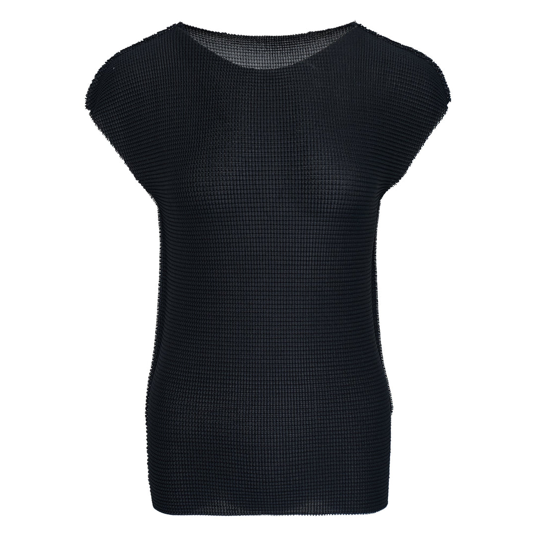 me Issey Miyake Knit Stretch Pleats Top in black, featuring a waffle-grid pleated texture, round neckline, and cap sleeves, displayed flat on a white background.