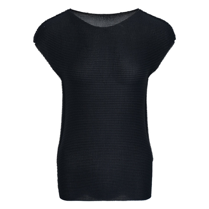 me Issey Miyake Knit Stretch Pleats Top in black, featuring a waffle-grid pleated texture, round neckline, and cap sleeves, displayed flat on a white background.