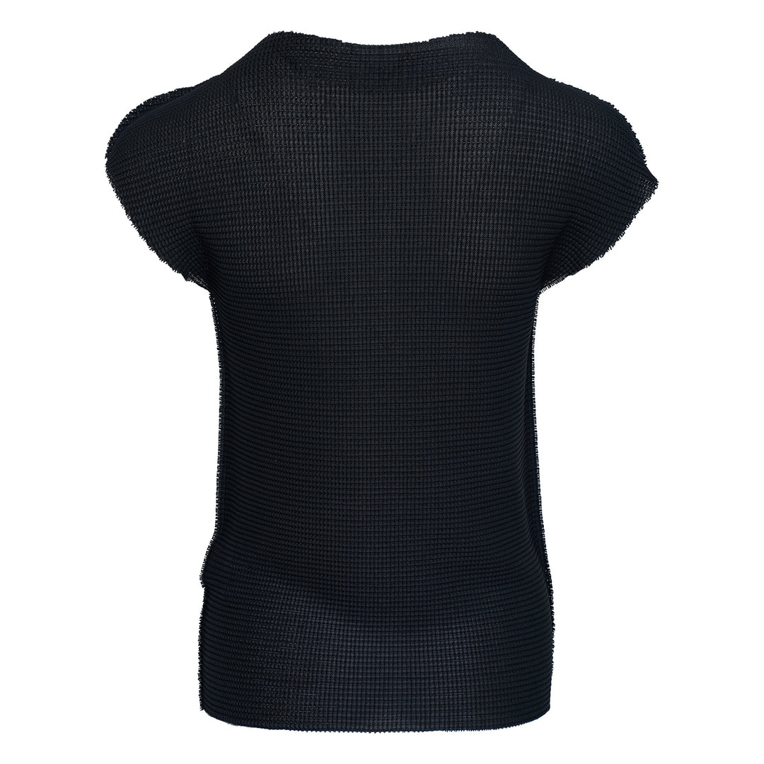 me Issey Miyake Knit Stretch Pleats Top in black, featuring a waffle-grid pleated texture, round neckline, and cap sleeves, displayed flat on a white background.