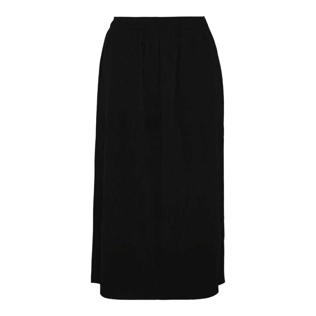 me Issey Miyake Fine Knit Pleats Skirt in black, midi length with vertical pleating and elasticated waistband, flat lay on white background