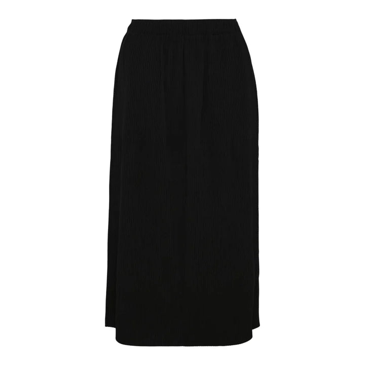 me Issey Miyake Fine Knit Pleats Skirt in black, midi length with vertical pleating and elasticated waistband, flat lay on white background