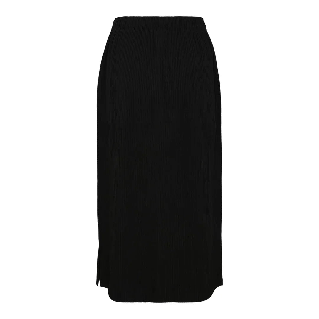 me Issey Miyake Fine Knit Pleats Skirt in black, midi length with vertical pleating and elasticated waistband, flat lay on white background