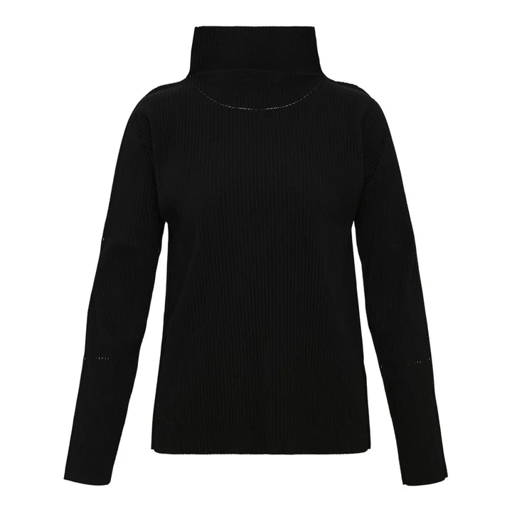me Issey Miyake Fine Knit Pleats Top in black with turtleneck collar and signature vertical pleating, long sleeves, flat lay on white background