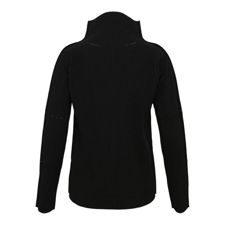me Issey Miyake Fine Knit Pleats Top in black with turtleneck collar and signature vertical pleating, long sleeves, flat lay on white background