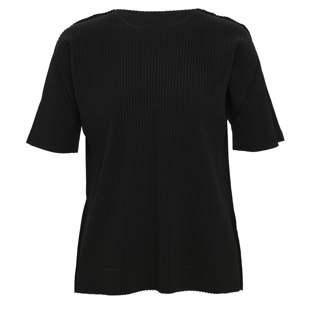 me Issey Miyake Fine Knit Pleats Top in black with vertical pleating, crew neckline and short sleeves, flat lay on white background