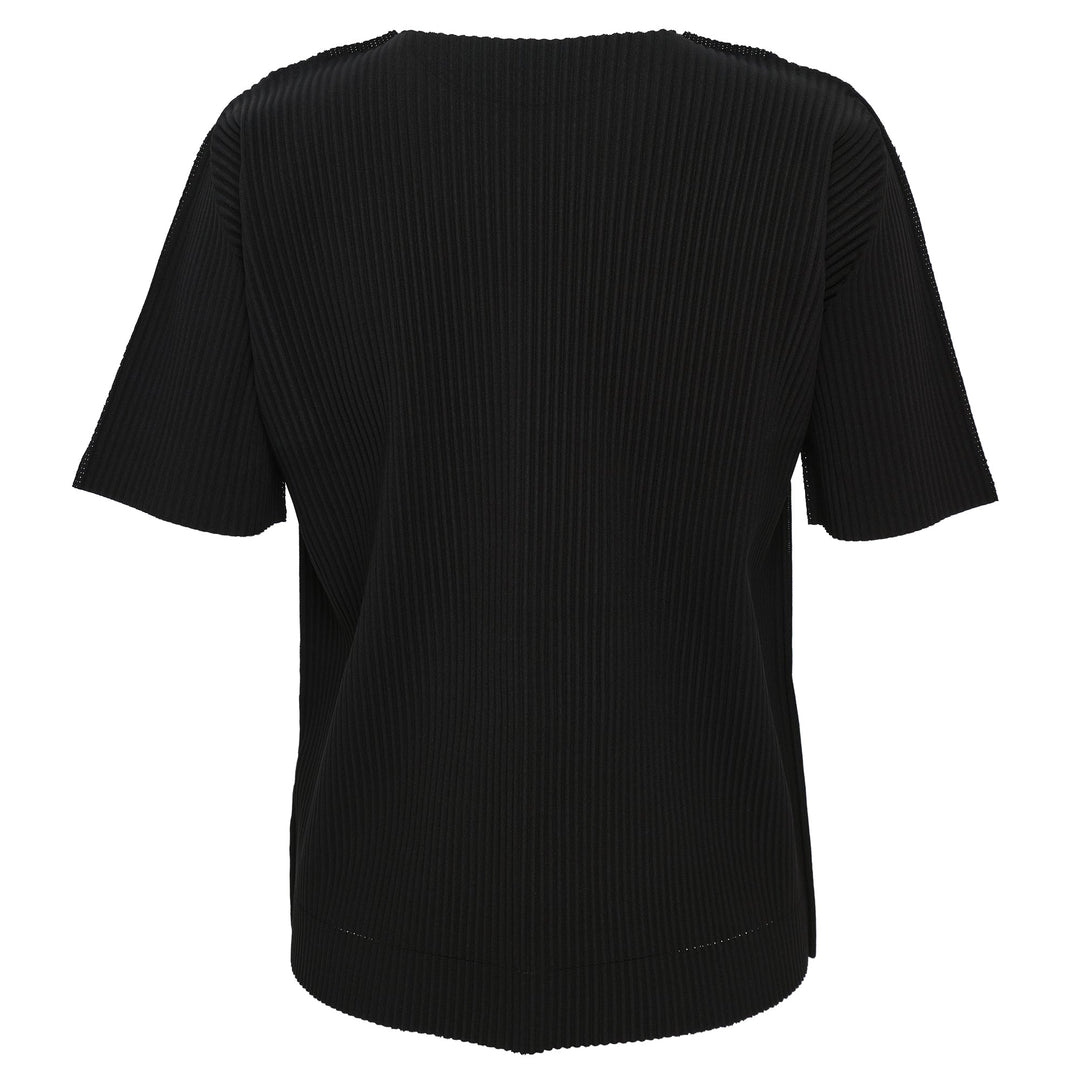 me Issey Miyake Fine Knit Pleats Top in black with vertical pleating, crew neckline and short sleeves, flat lay on white background