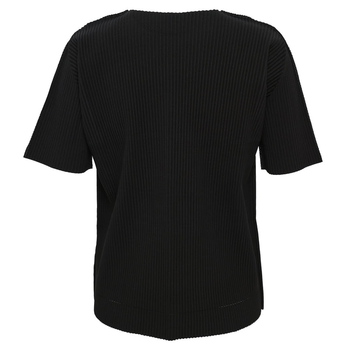me Issey Miyake Fine Knit Pleats Top in black with vertical pleating, crew neckline and short sleeves, flat lay on white background