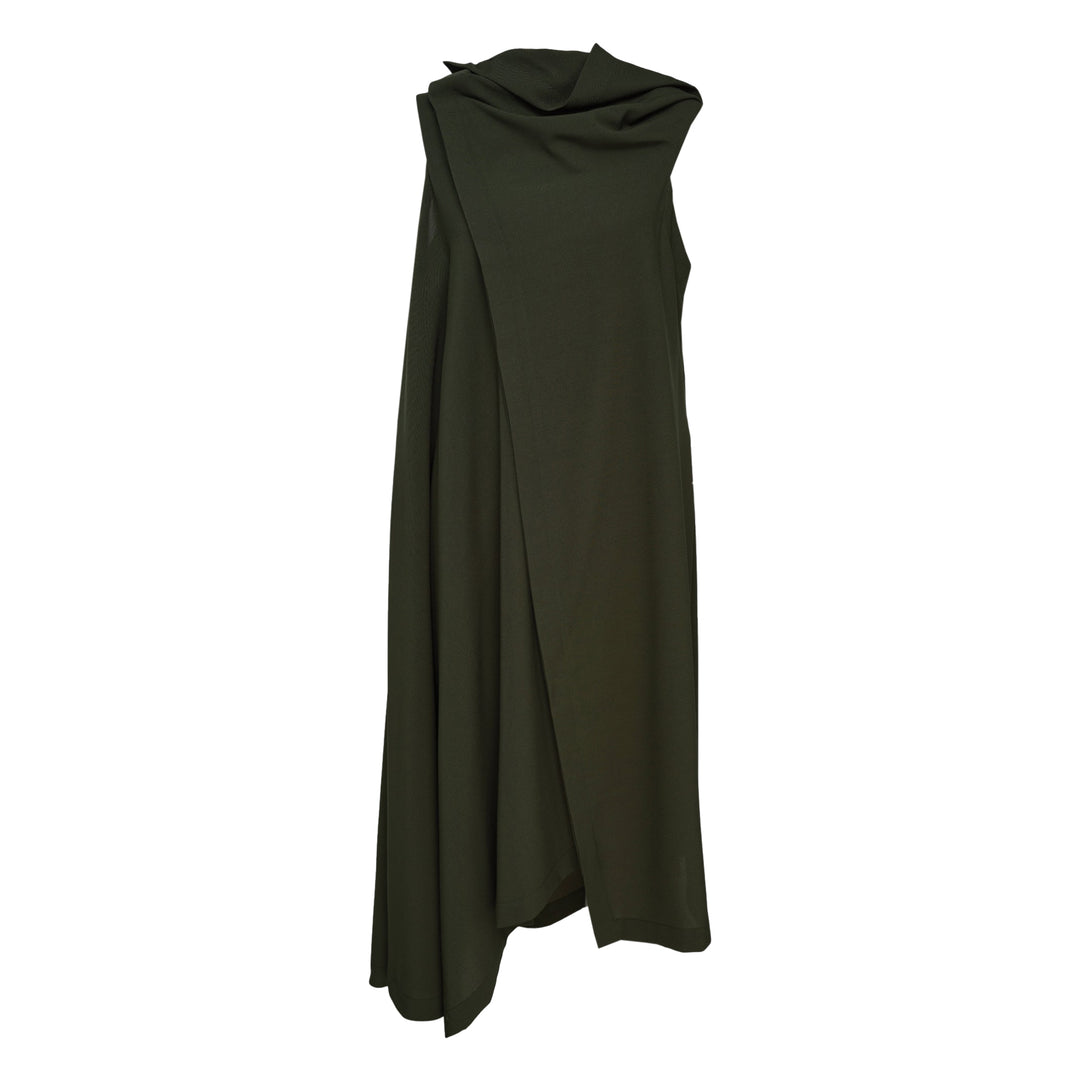 132 5. Issey Miyake draped cowl neck sleeveless woven dress in deep olive green with asymmetric overlay panel and architectural silhouette